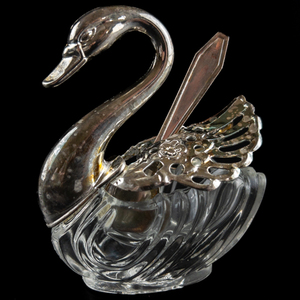lot 462 image: Set of Two Swan Salt Cellars, Silver Plate and Crystal, Original Spoons Included, Filigree Wings, Made In Italy