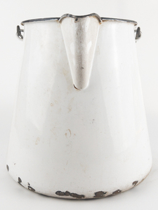 lot 473 image: VINTAGE Large 3 Gallon White Enamelware water kettle 10in Tall x 10in wide at base with secondary pouring handle