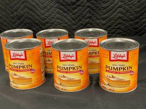 lot 214 image: Lot of 6 Libbys 100% Pure Pumpkin 29 oz Cans