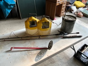 lot 584 image: minnow buckets,rods,scoop