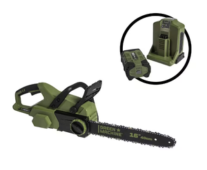 lot 104 image: New Green Machine 62V Brushless 16 in. Battery Chainsaw Auto-tensioning system, easy trigger start with 4 Ah Battery and Charger Model # GMCS6200