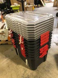 Lot of Husky 20-Gal. Professional Duty Waterproof Storage Container with Hinged Lid in Black Customer Returns See Pictures