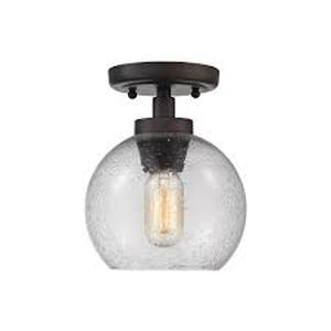 lot 308 image: Golden Lighting Galveston 1-Light Flush Mount in Rubbed Bronze with Seeded Glass