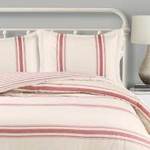 lot 393 image: Farmhouse Stripe Reversible Cotton Comforter & Sham Set - Lush Dcor FullQueen Red
