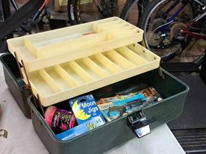lot 329 image: 13-12 Plastic Tackle Box with Jigs, Jelly Lures