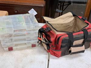 lot 339 image: 16 Sportsman Warehouse Outfitter Tackle Bag, (5) Plastic Organizers with Lures, Worms,