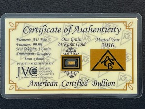 lot 1 image: 1 Grain 24 Karat Gold Bar
