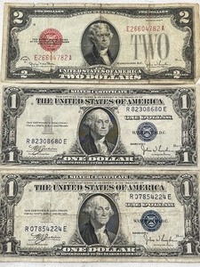 lot 4 image: Red Seal $2 Bill and $1 Silver Certificates