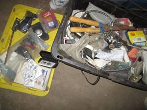 lot 87 image: Heavy duty tote with lid containing a large variety of plumbing and electrical supplies