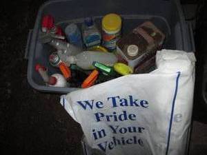 lot 88 image: Tote of cleaning chemicals, PB Blaster penetrating catalyst and more