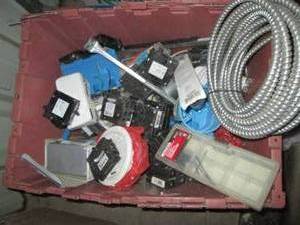 lot 98 image: Clamshell closing tote of household breaker fuses and other electrical supplies