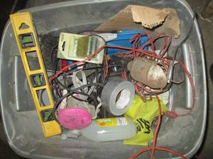 lot 100 image: Tote with treble light, duct tape, tools, hardware and assorted supplies