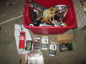 lot 109 image: Very high value in tote containing a Craftsman triple cutter molding head set, electrical supplies, welding electrodes, automotive relay fuses and more