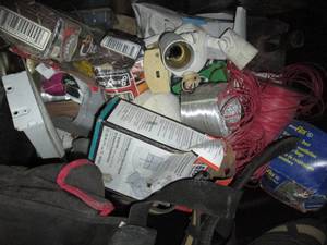 lot 134 image: Large tote of assorted building tools, hardware and supplies