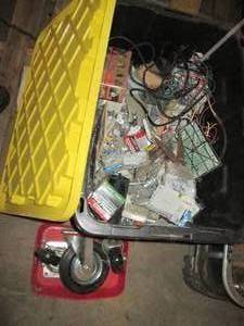 lot 183 image: Large Heavy duty Swivel casters wheels plus tote of assorted construction hardware and supplies