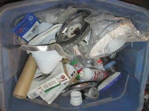 lot 194 image: Tote of assorted home improvement supplies and accessories