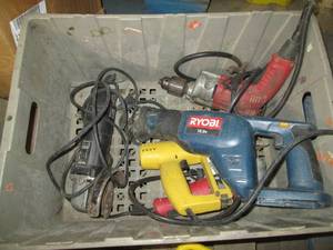 lot 203 image: Milwaukee hole shooter plus other brand angle grinders, electric stapler and cordless ryobi sawzall