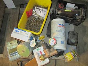 lot 204 image: Misc home improvement hardware, bottle jack and more