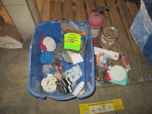lot 249 image: Tote of misc home improvement supplies and fire extinguisher