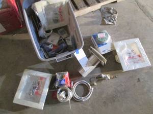 lot 250 image: Tote of assorted ductwork venting, sanding discs, plumbing supplies and more