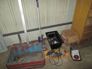 lot 263 image: Jack stand, swiffer, construction square and totes of assorted misc