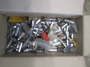 lot 27 image: Craftsman with other brand 12in shallow and 38 deep well Sockets, screwdriver drill and nut driver bits, hex keys, buss fuses and misc hardware