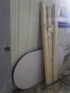 lot 155 image: 4-boxes of 6ft wood bed support slays plus 6ft oval formica table top