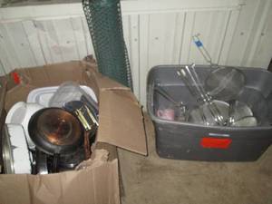 lot 168 image: Huge box of pots, Pans and other kitchen supplies plus tote of metal colander strainers and coffee mugs