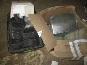lot 270 image: Heavy duty storage tote with Insulated hangers and Large diameter PVC fittings, plus box of metal ductwork sections