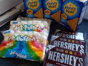 Smores Kit - 3 each 14.4 oz Boxes Honey Maid Graham Crackers, 12 oz Bag Marshmallows and 3 x 6 packs Hersheys Full Size Candy Bars