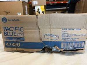 lot 26 image: 1 Case (30 boxes) NEW GP Pro Georgia-Pacific 47410 8 x 8.3 Pacific Blue Basic 2-Ply Facial Tissue - Previously Named Envision - White (box dented)