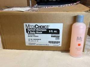 lot 31 image: MSRP $500  1 Case (48 each) NEW MediChoice PC28203 9 fl. oz. Apricot Shampoo &amp Body Wash -Formula is pH balanced for less irritation to sensitive skin and a refreshing scent. Used in hospitals nationwide and created for those with sensitivities