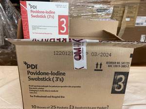 lot 39 image: MSRP $400  1 Case (750 swabsticks) NEW PDI S41125 Non-Sterile Solution Latex-Free Povidone-Iodine Swabstick 3s - Broad Spectrum Antiseptic for Patient Pre-Operative Skin Preparation (Open Box Not A Full Case)
