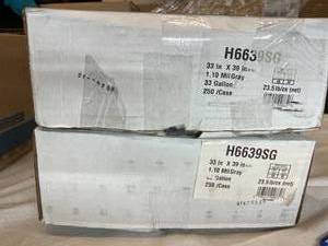 lot 44 image: MSRP $200  2 Cases (250 each per case) NEW Heritage H6639SG 33 x 39 33-Gallon Low Density Trash Can Liners - Gray