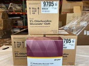 lot 48 image: MSRP $1000  3 Cases (96 each per case) NEW Stryker Sage 9705 Non-Sterile Patient Preoperative Skin Preparation 2% Chlorhexidine Gluconate Cloths -&nbspFDA-approved antiseptic solution to help reduce bacteria on the skin before surgery