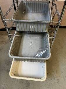 lot 84 image: Metro Heavy Duty Stainless Steel Mobile Wire Transport Storage Cart Truck with A Couple Slide Out Storage Bins &amp Shelf Spacers - Excellent Condition Approx. 68.5 x 24 x 24