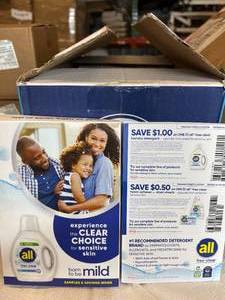 lot 95 image: 1 Case (60 each) Sample Packs NEW&nbspAll Free Clear Unscented Hypoallergenic Liquid Laundry Detergent for Sensitive Skin Includes Coupon Packs Too