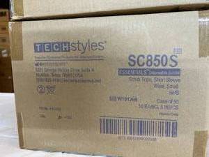 lot 103 image: 3 Cases (50 each per case) NEW Tech Styles SC850S Essentials Disposable Short Sleeve Scrub Tops - Size Small Wine Color