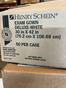 lot 111 image: 1 Case (50 each) NEW Henry Schein 73723 30 x 42 Deluxe Exam Gown - White&nbspand&nbsp1 Case (50 each) NEW Henry Schein 73725 30 x 42 Economy Exam Gown - White