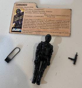 lot 56 image: GI Joe Snake Eyes with backpack, accessories, and filecard 1982 Vintage Toy