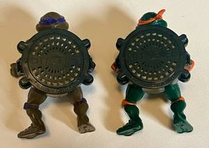lot 22A image: Donatello and Michaelangelo 1991 Talkin City Sewer TMNT Action Figures Teenage Mutant Ninja Turtles Vintage Toys