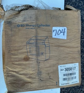 lot 704 image: Sharps disposal case new in damaged box