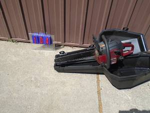 Poulan pro 34cc 2 cycle chainsaw with case. Used condition. Tested & works. As shown.
