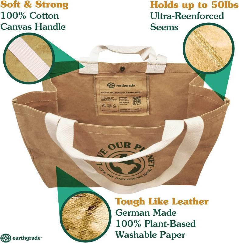 lot 836 image: EARTHGRADE Reusable Grocery Shopping Bag  Sustainable & Eco Friendly Washable Paper Totes with Cotton Canvas Handles & Durable Seams