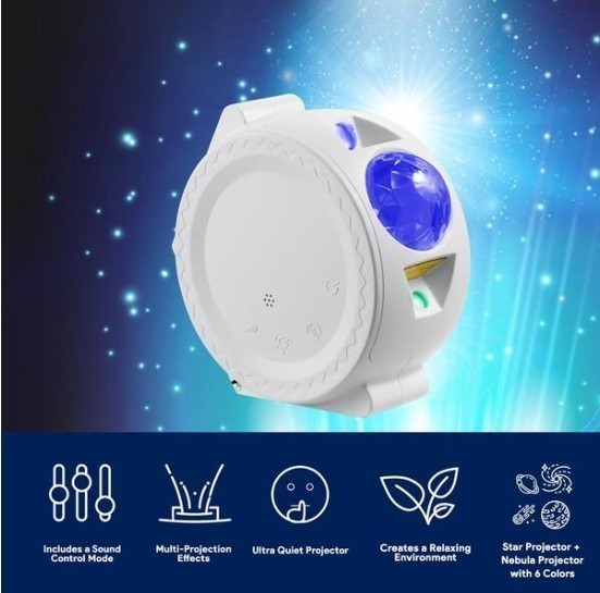 lot 896 image: DARTWOOD Starry Sky Laser Projector -  with LED Nebula, Stars, and Moon Reflection (White)