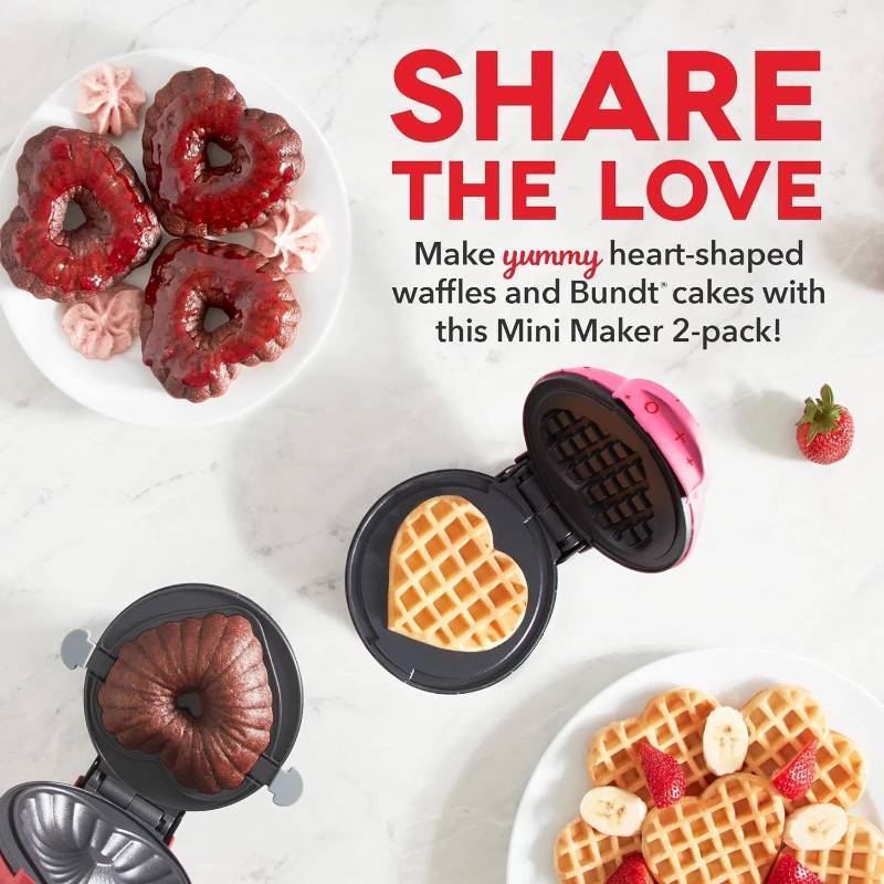 lot 280 image: NEW Dash Heart Treat Maker Set of 2, Mini Heart Bundt Cake Maker & Mini Heart Waffle Maker, Heart Print