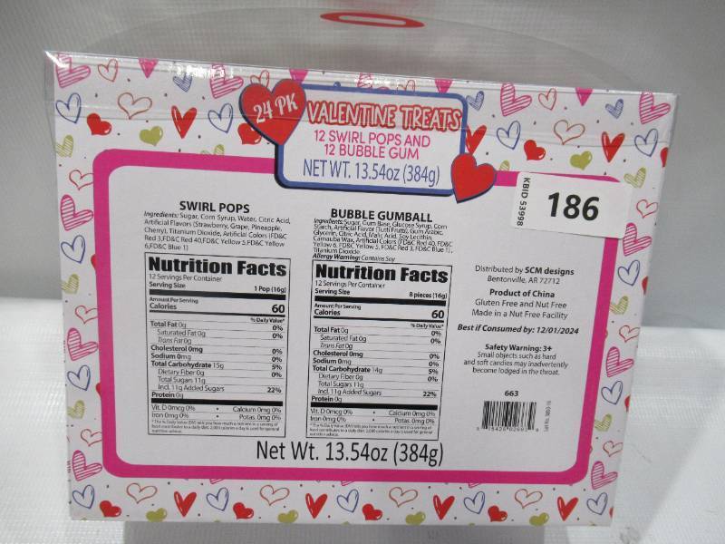 lot 186 image: NEW 24 Pack of Valentine Treats - 12 Swirl Pops and 12 Test Tubes of Bubble Gum