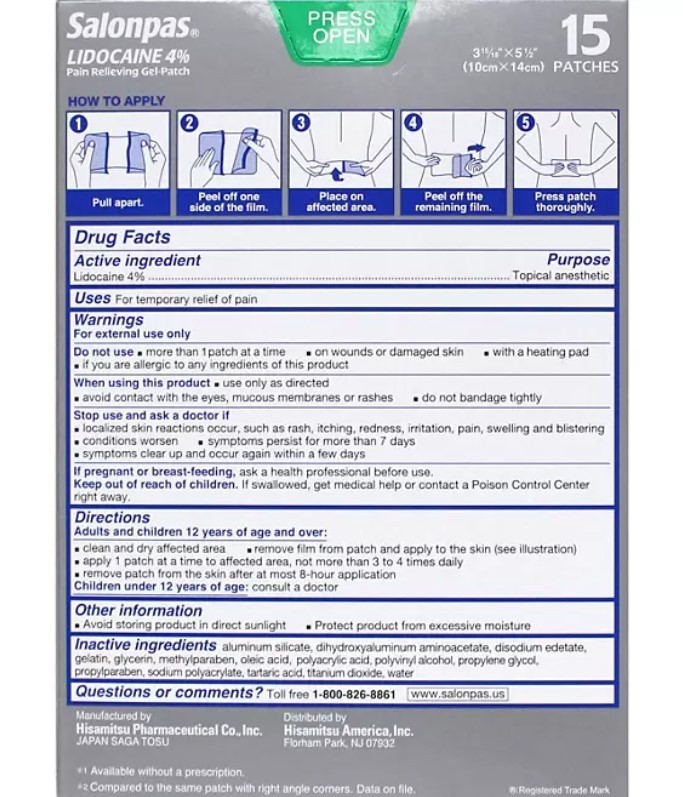 lot 219 image: NEW Salonpas Lidocaine Pain-Relieving Gel-Patch, 15 ct.