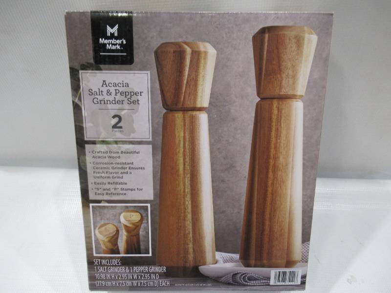 lot 233 image: NEW Members Mark Acacia Salt and Pepper Mill Set, Natural Wood