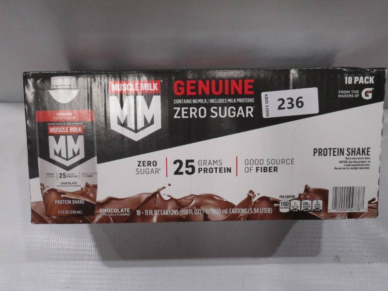 lot 236 image: NEW Muscle Milk Genuine Protein Shake, Chocolate 11 fl. oz., 18 pk.